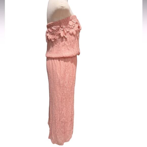 Kings Road Pink Strapless Jumpsuit Capri Lace Ruffle Size M - Picture 3 of 5